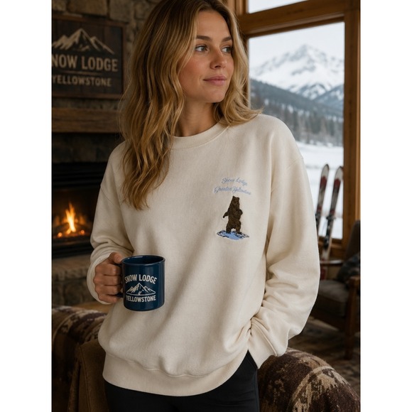 Brandy Melville Tops - John Galt Erica Snow Lodge Greater Yellowstone Bear Sweatshirt Cream Cotton Sz M